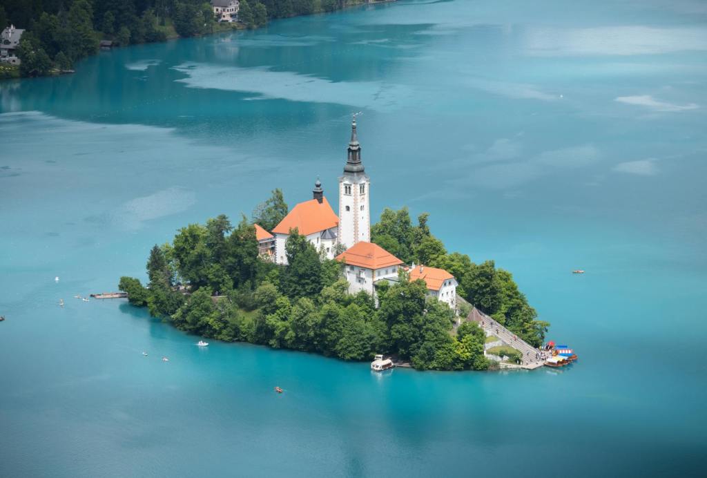 bled island with church on lake bled slovenia